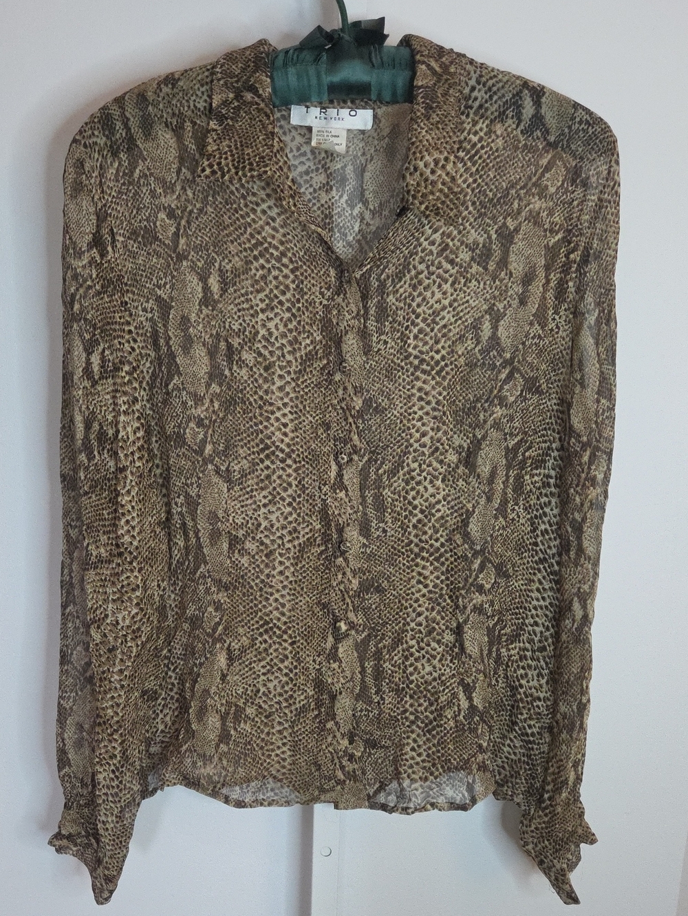Trio New York 100% Silk Sheer Snakeskin Blouse Shirt Size 10 Medium Python 90s